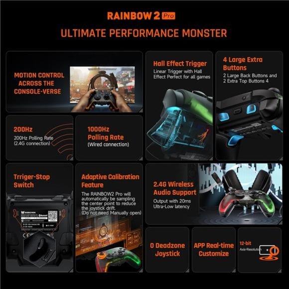 Wireless Controller, Rainbow 2 Pro PC Controllers Motion Aiming, 3.5mm Audio - Picture 3 of 6
